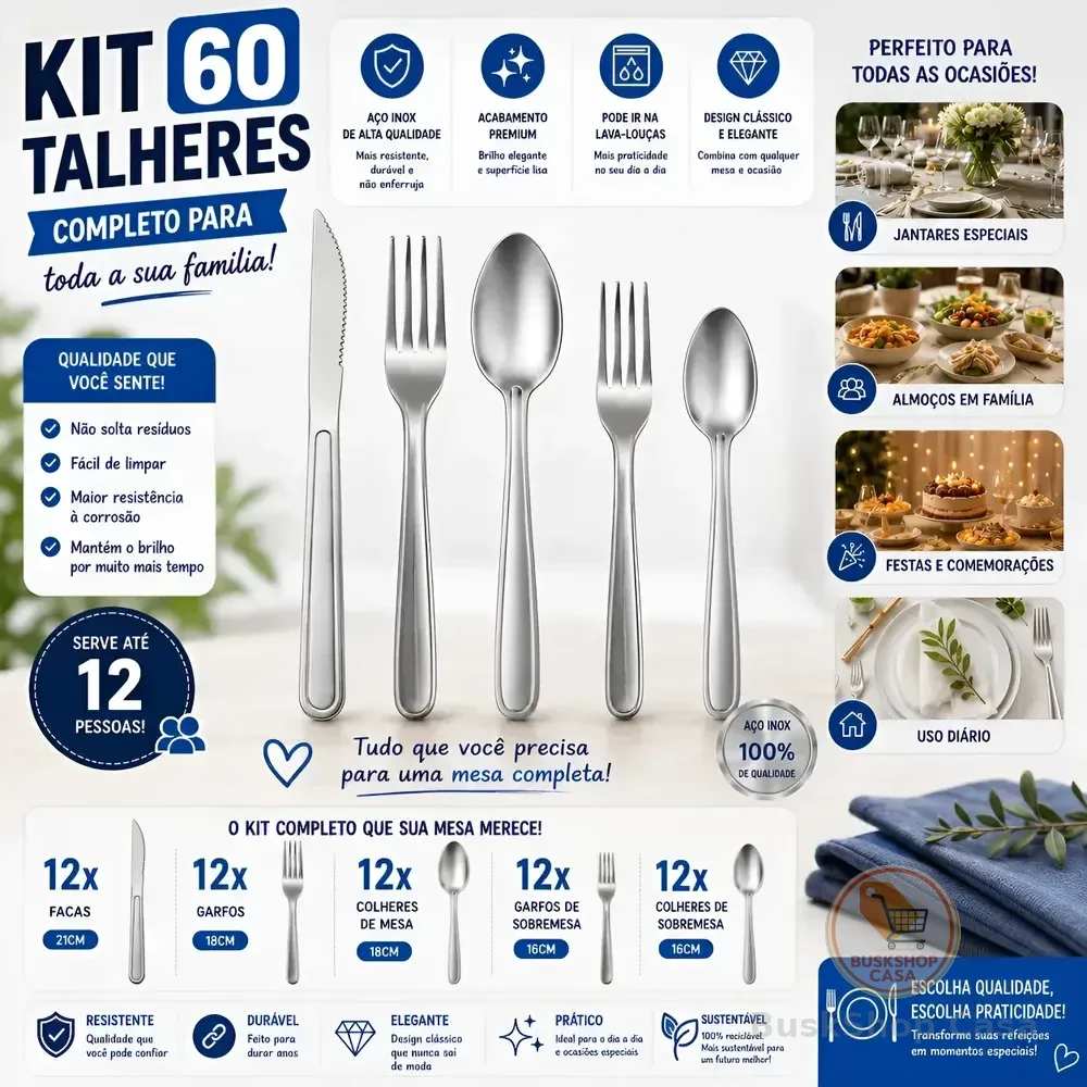 Jogo De Talheres 60 Peças Aço Inox Completo