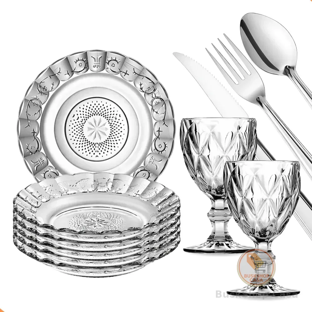 Aparelho De Jantar 30 Peças - Pratos + Taças + Talheres Inox
