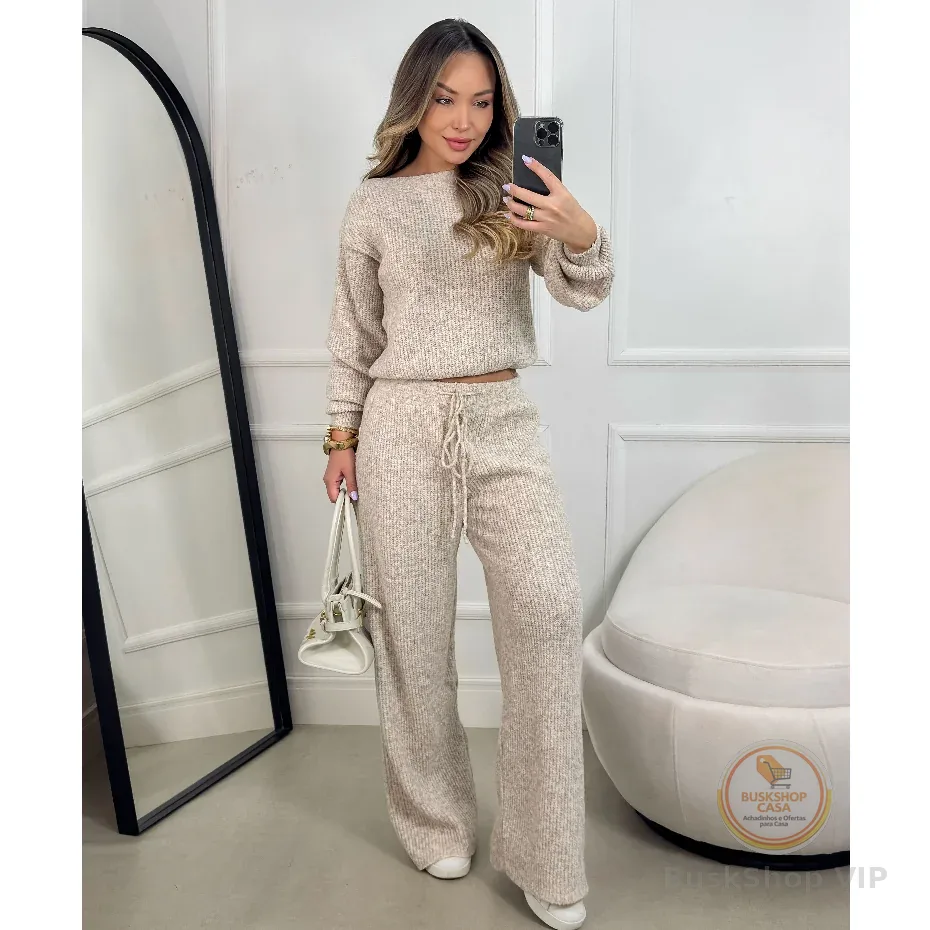 Conjunto Canelado de Tricot Mousse Calça Pantalona Cordão Ajustável+Blusa Manga Bufante Inverno