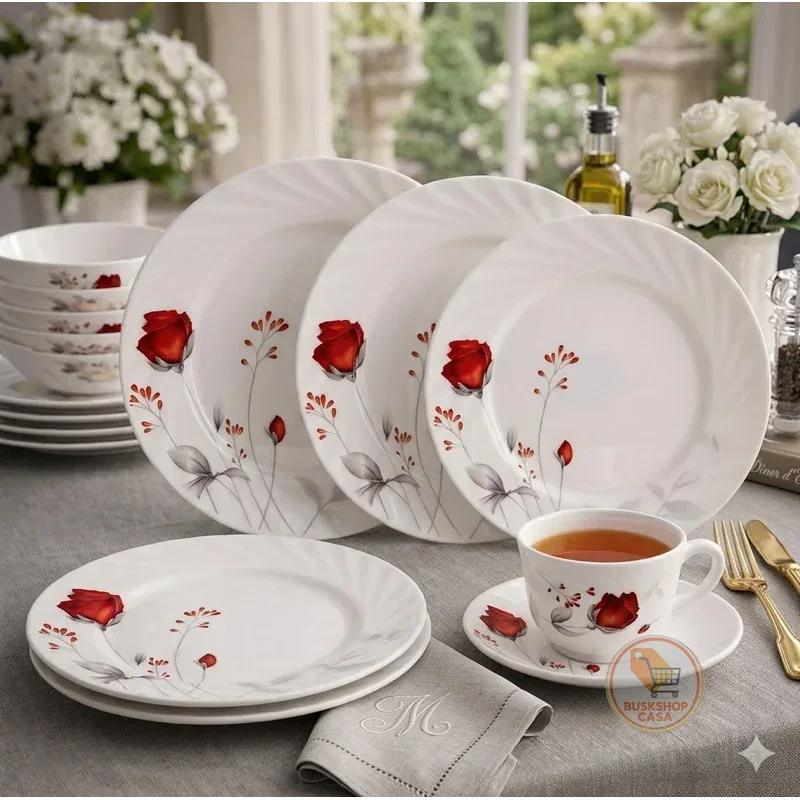 Aparelho De Almoço e Jantar C/ Xicaras Chá prato Estampado Opaline 20 Peças Vermelho