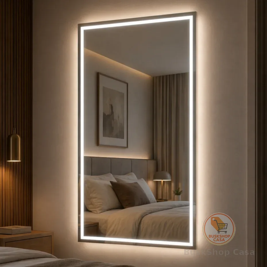 Espelho Retangular Grande Jateado 120x60cm com 3 Cores de LED Botão Touch Lapidado Luxo