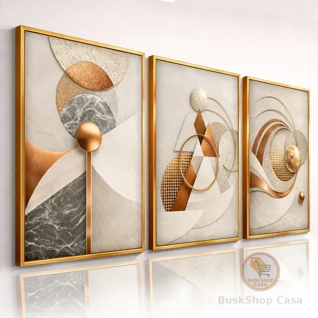 Quadros Decorativos Abstrato Geométrico Bronze Sala Hall 3pç