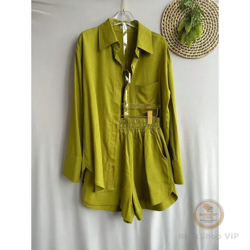 Conjunto feminino em linho leve, camisa manga longa + short com cós elástico e bolsos, casual, fresco e confortável para