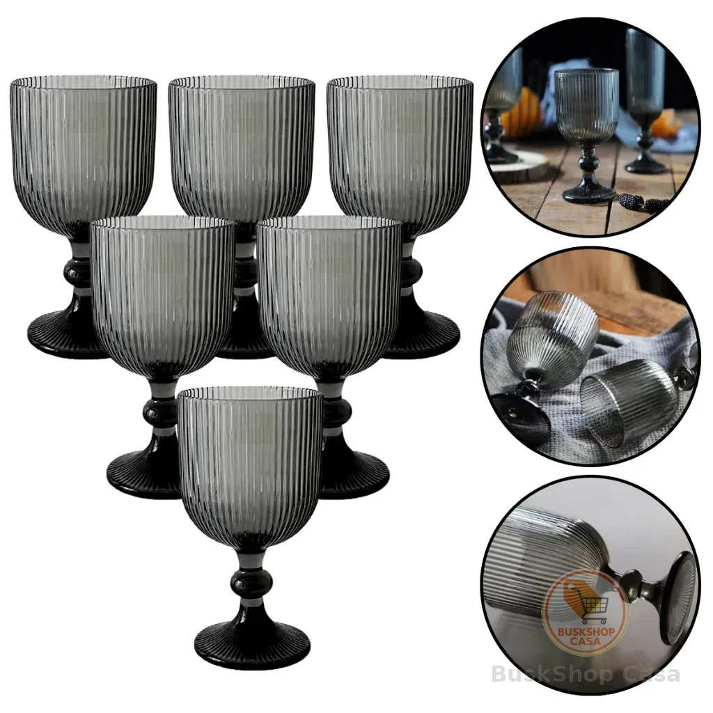 Jogo 6 Taças Vidro Canelado Vinho Drinks Suco Água 390ml Preta Fumê Kit Taças Elegantes Listrada