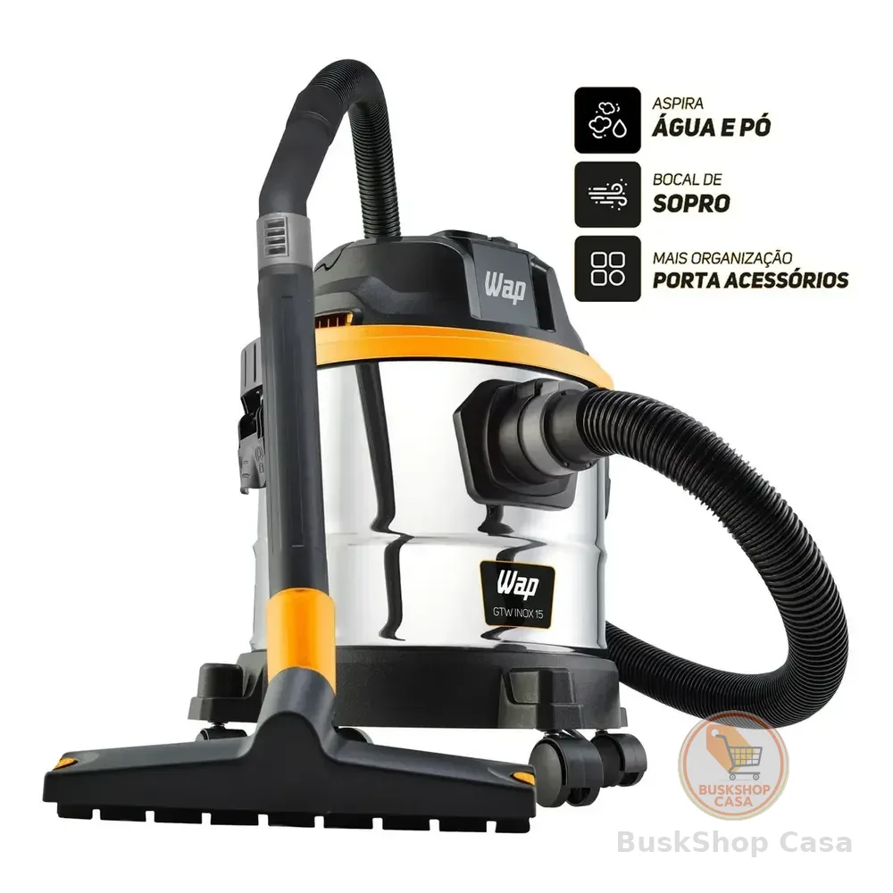 Aspirador De Pó E Água Wap Gtw Inox 15 Barril 1700w Com Bocal De Sopro E Acessórios Aço Inoxidável/preto/amarelo 220v
