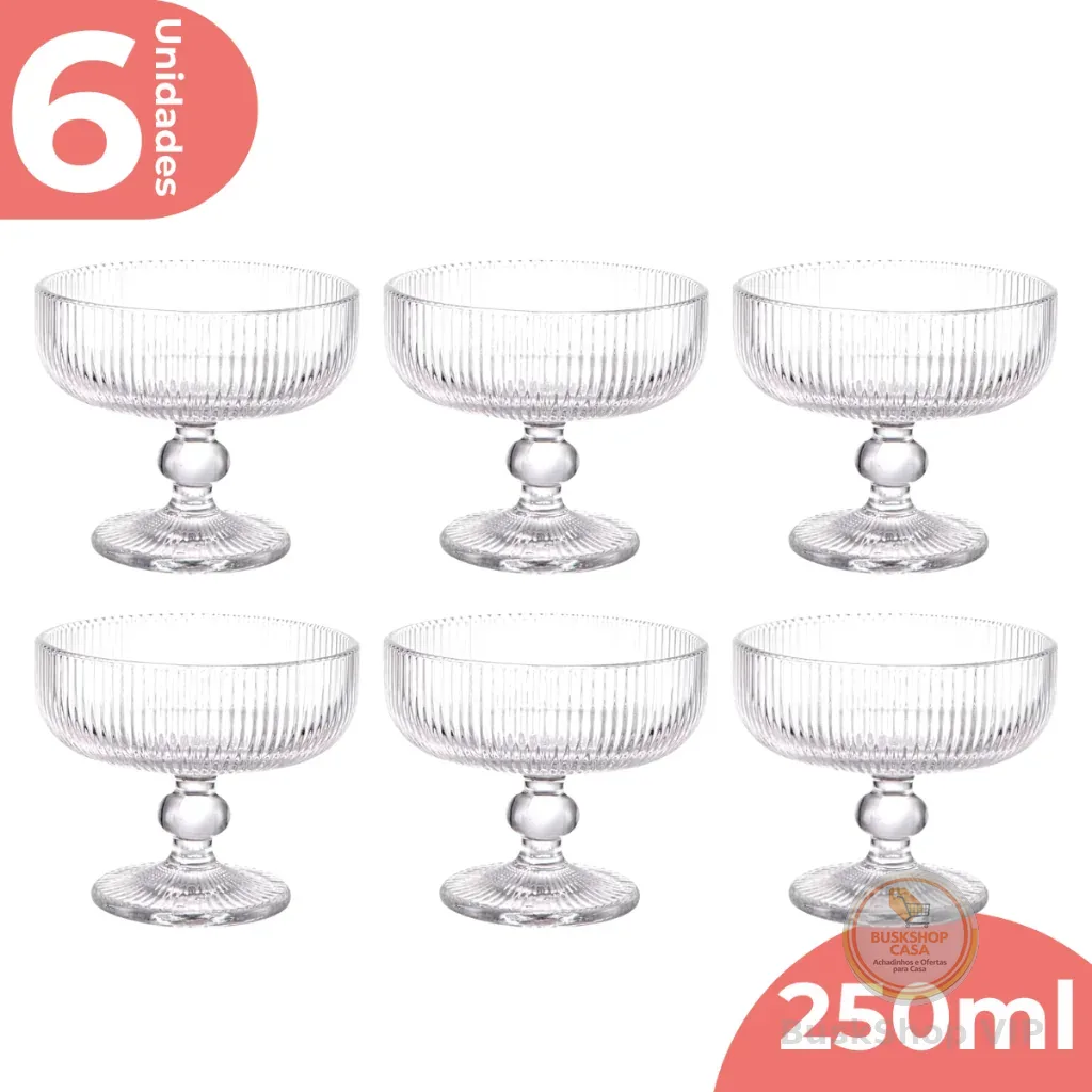 Jogo 6 Taça Sobremesa Vidro Sorvete Açai 250ml Canelado Luxo