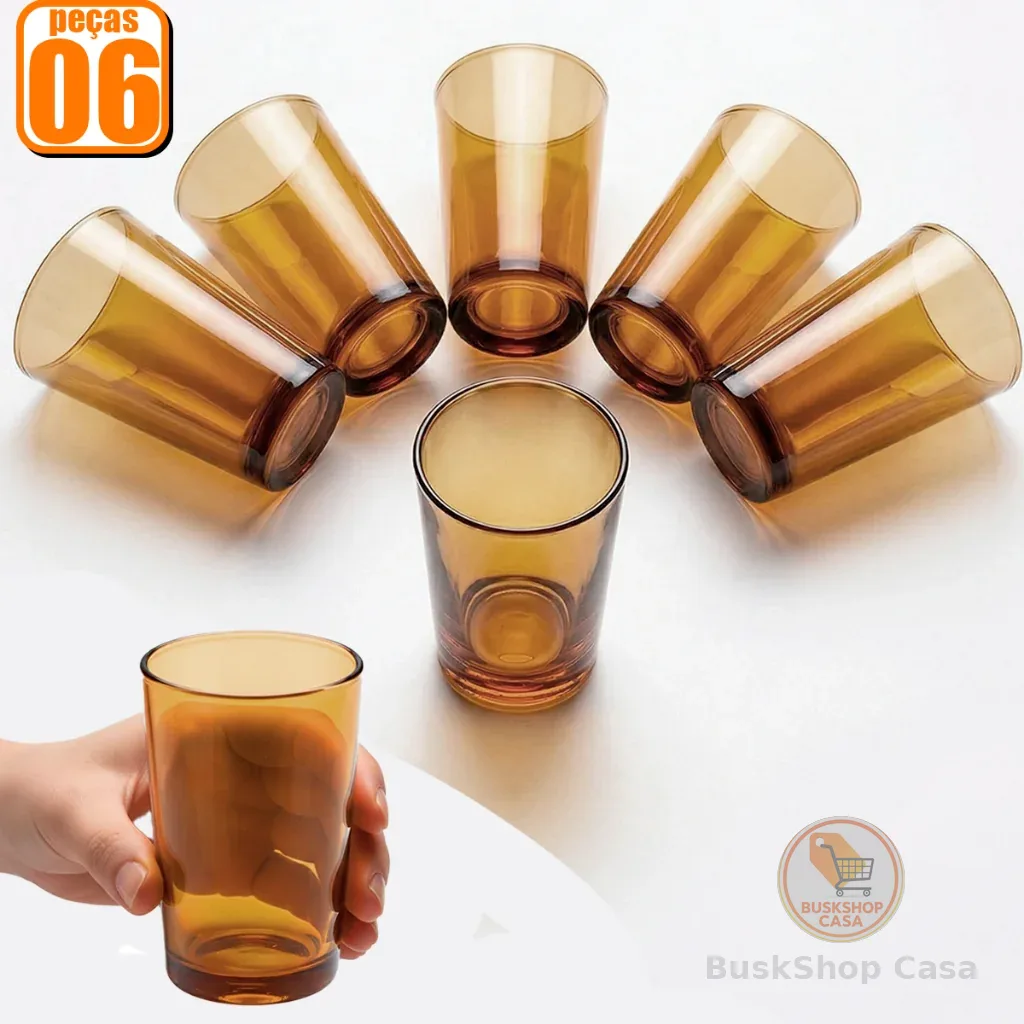 Jogo Kit 06 Copos Vidros Ambar Liso Elegante 200ml