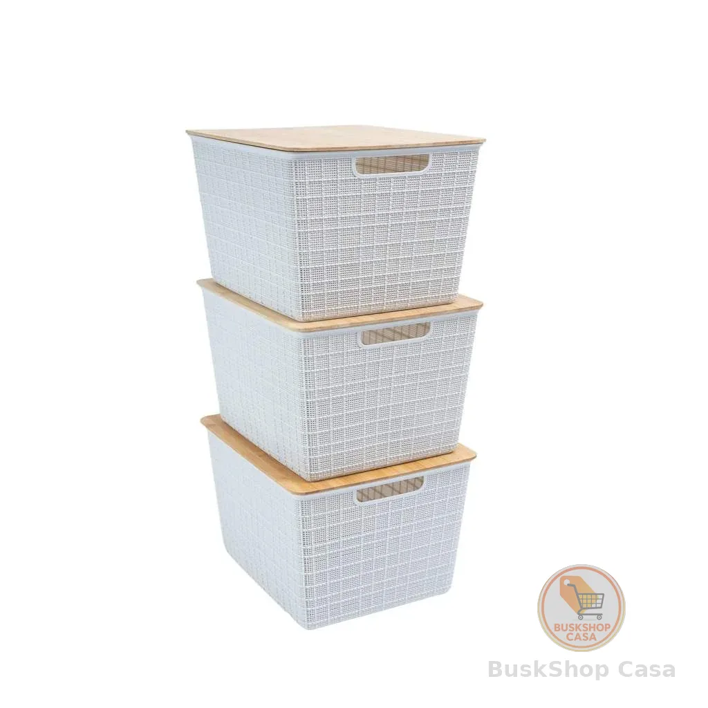 Kit 3 Caixas Organizadoras Tampa de Bambu 18l Branco - Oikos