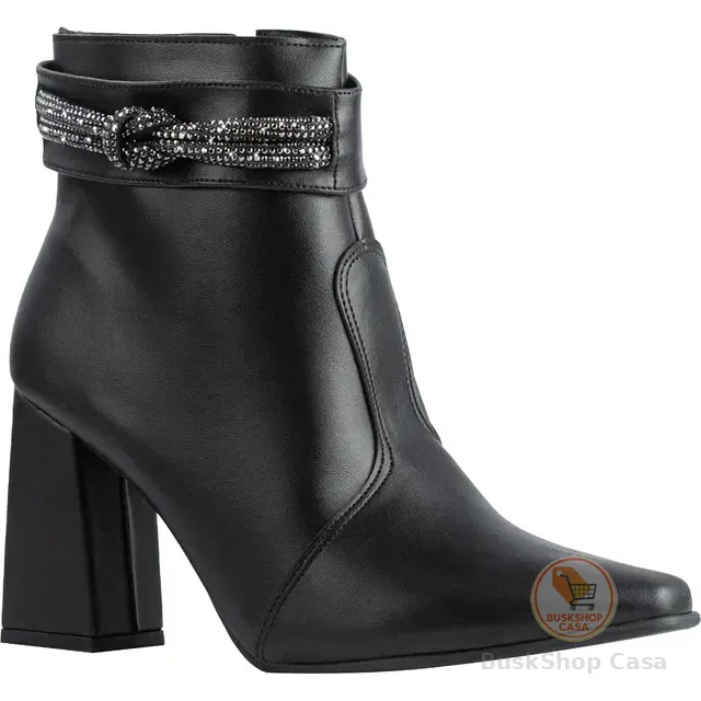 Bota Feminina Strass Bico Fino Salto Alto Grosso Confortável