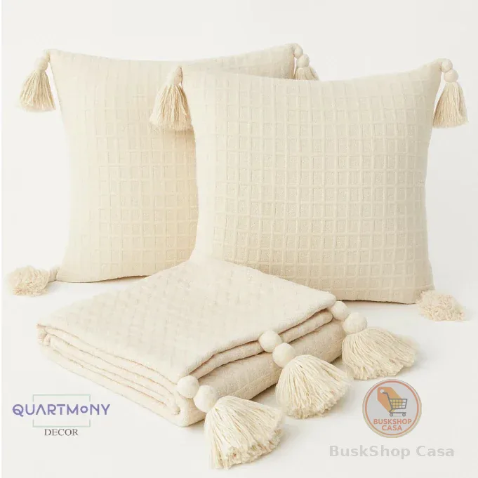 Kit Pompom Peseira Completo Para Cama Sofá ( Peseira + Capa De Almofada ) Decorativa Moderno