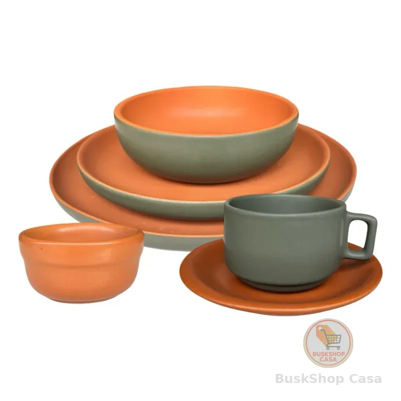 Aparelho de Jantar Verde com Terracota Rústico Cerâmica 24-36 Peças