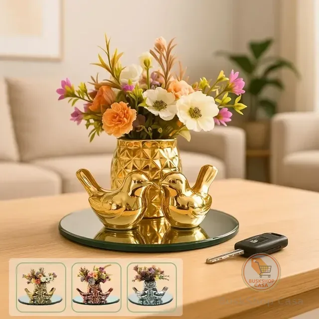 Decoração Sala Vasinho Com Flor Artificial, Bandeja Espelho
