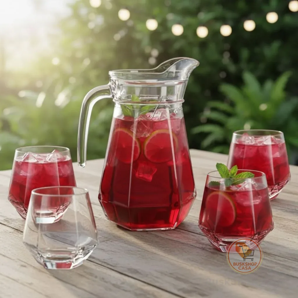 Jarra de Vidro com Tampa + 4 Copos Luxo Cozinha 1L e 260ML Agua Suco Mesa Posta Diamond Kit Conjunto