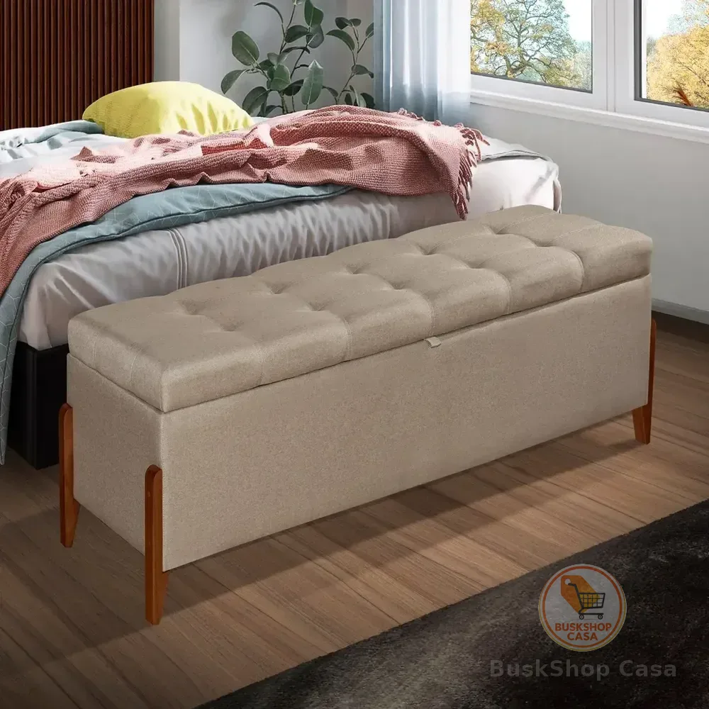 Sapateira Baú Recamier Viena 135cm De Linho Bege Com Assento