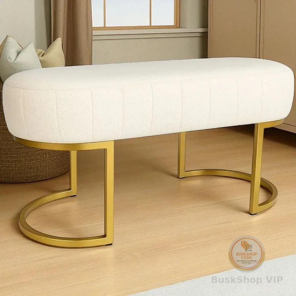 Puff Banco Luna Versátil Branco Bouclê Pé Metal P/ Quarto Sala Decorativo Modelo Industrial Moderno