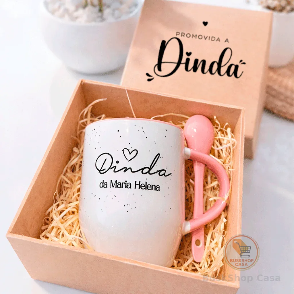 Kit Caneca Personalizada Dindo ou Dinda + Caixa Presente | Convite Padrinho Madrinha