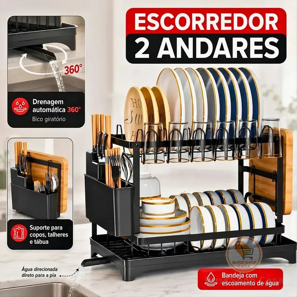 Escorredor De Louça Inoxidável 2 Andares Drenagem Automática Bandeja Grande 360º Organizador Pia Com Porta Pratos Tigelas Talheres Copos