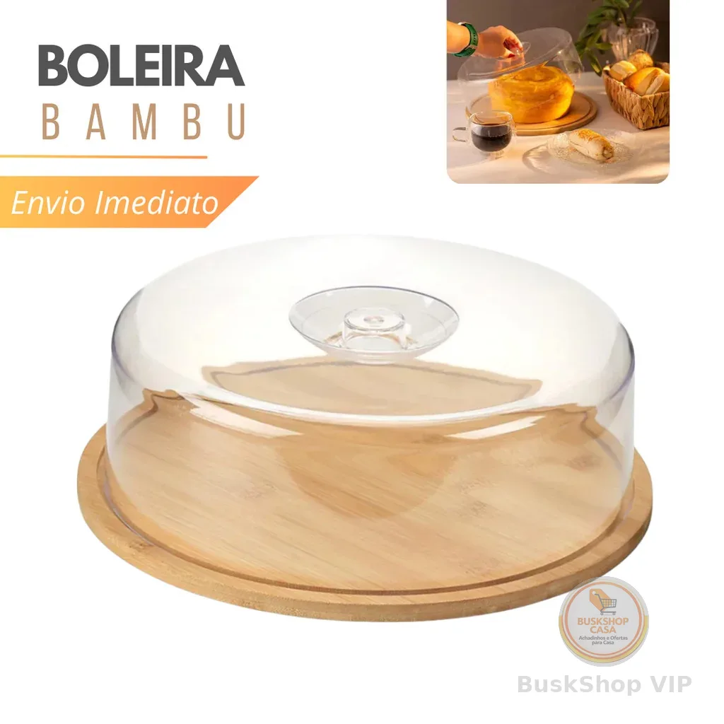 Boleira Bambu Com Tampa Em Acrílico Porta Bolo Para Bolo Torta Pudim Queijo 28cm