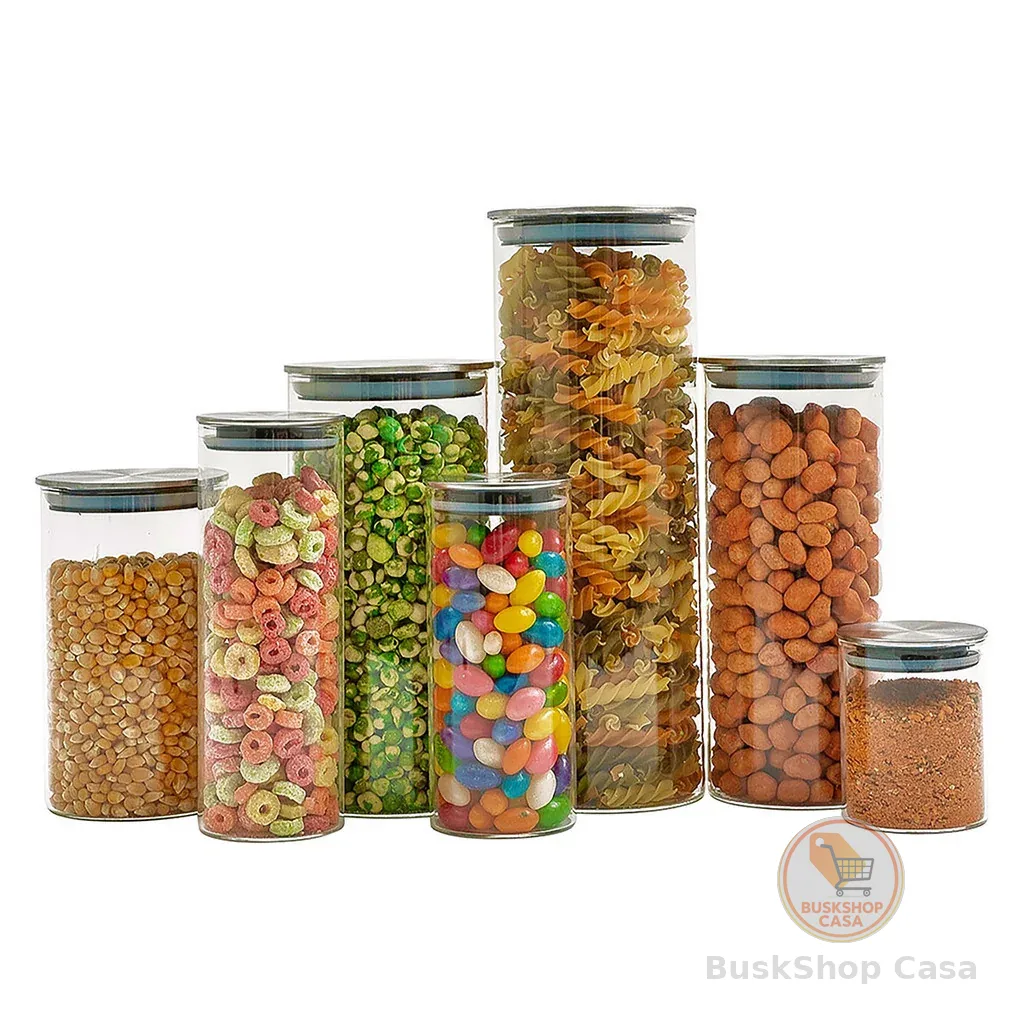 Kit 7 potes de vidro com tampa inox hermético redondo - Tud