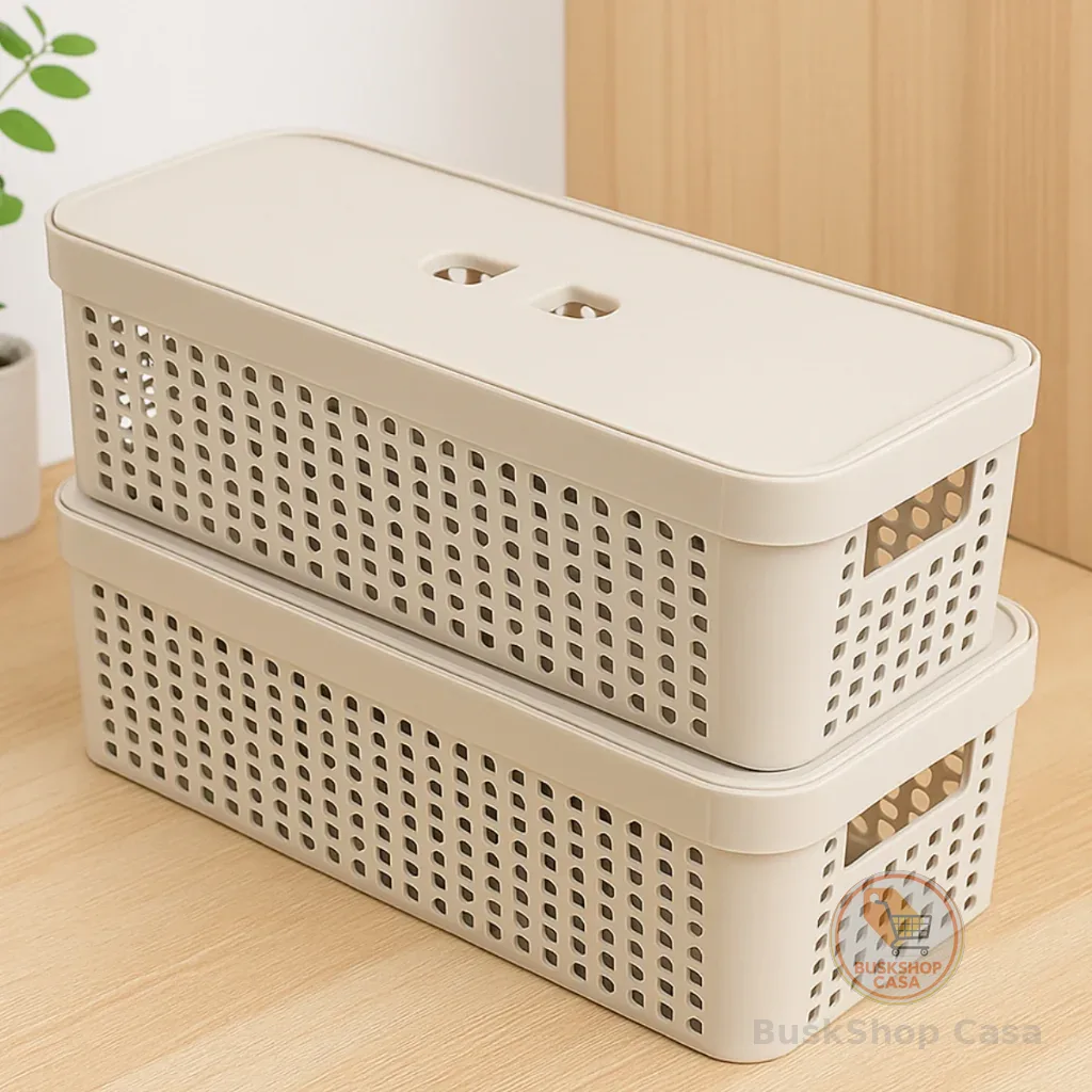 Cesto Organizador com Tampa 3,6 Litros Caixa Organizadora de Gaveta 33,5x14x9,5 Multiuso Rattan