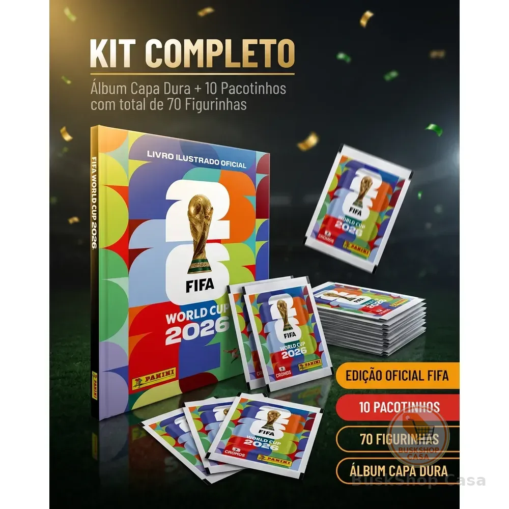 Kit 70 Figurinhas + Álbum Copa Do Mundo Fifa 2026 Panini Capa Dura C/ 10 Envelopes