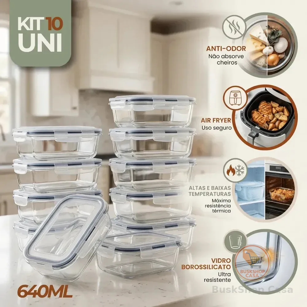 Kit 10 Pote De Vidro Marmita Hermético 640ml Freezer Fitness Rishon Azul-escuro