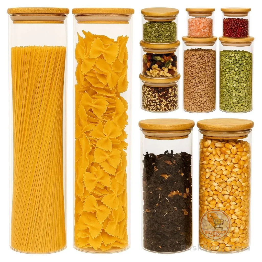 Kit 11 Potes Herméticos de Vidro com Tampa de Bambu para Cozinha Mantimentos Alimentos
