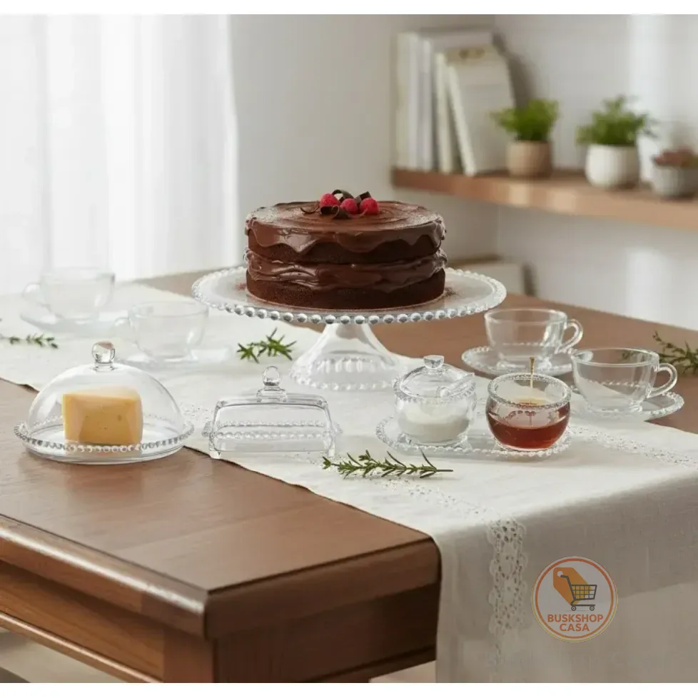Jogo Aparelho Para Mesa Posta C/ Pires Redondo Café Chá Cristal Pearl Borda Bolinhas Perola Wolff 14 Unidades