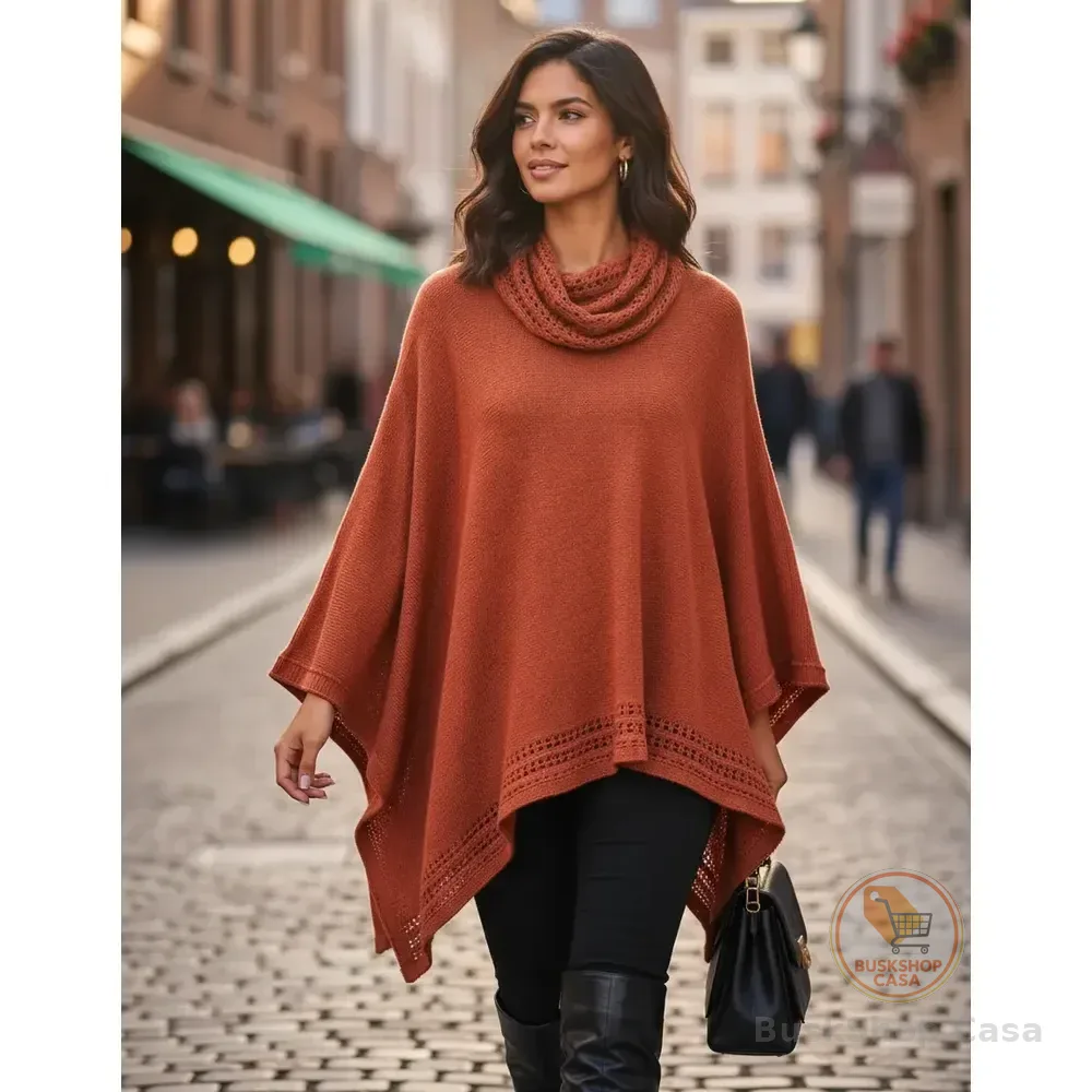 Poncho Feminino Quadrado Gola Boba Tricot Moda Inverno Terra 36-44