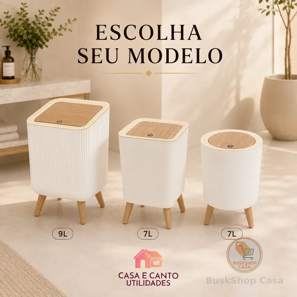 Lixeira Branca De Plástico 9 Litros Com Pés De Bambu Tampa Click De Pressão Cozinha Banheiro