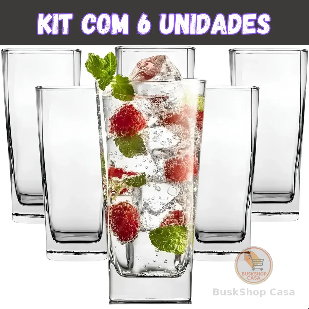 Jogo de Copos de Vidro 300ml Quadrado Texas Miami Bali para Suco Agua Refrigerante