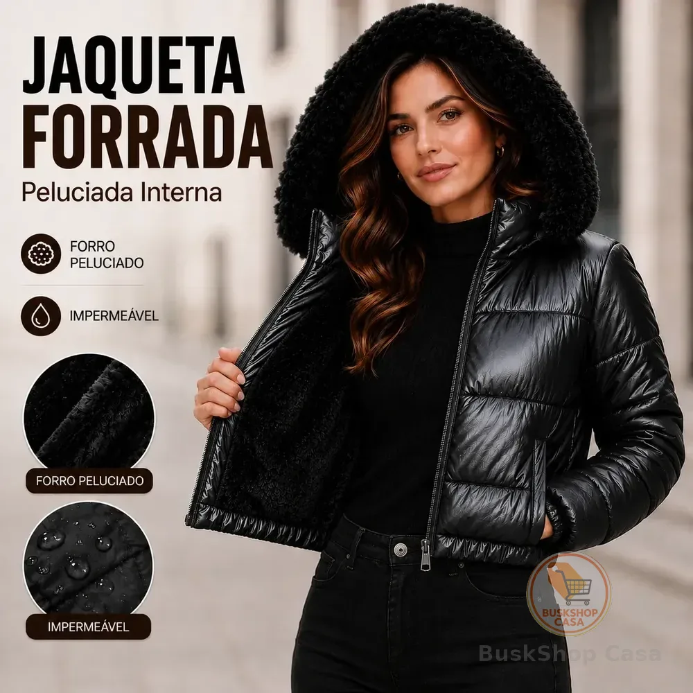 Jaqueta Puffer Feminina Impermeável Capuz Removível Peluciad Preto M