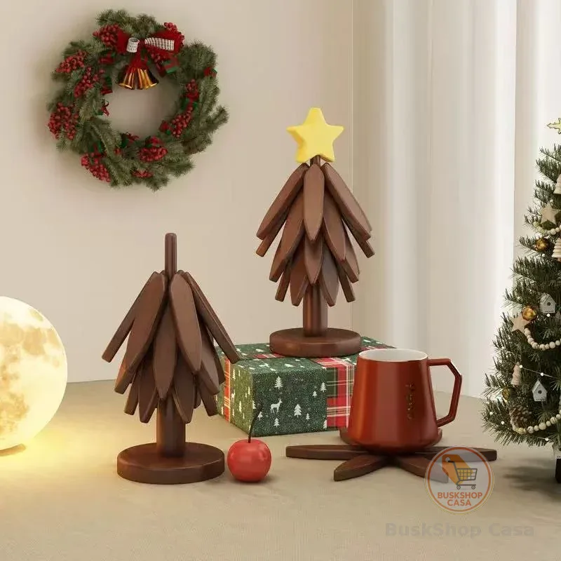 Árvore com 5 Suporte de Panela Quente de Bambu em forma de Árvore de Natal com Ponta de Maça Descanso para Mesa