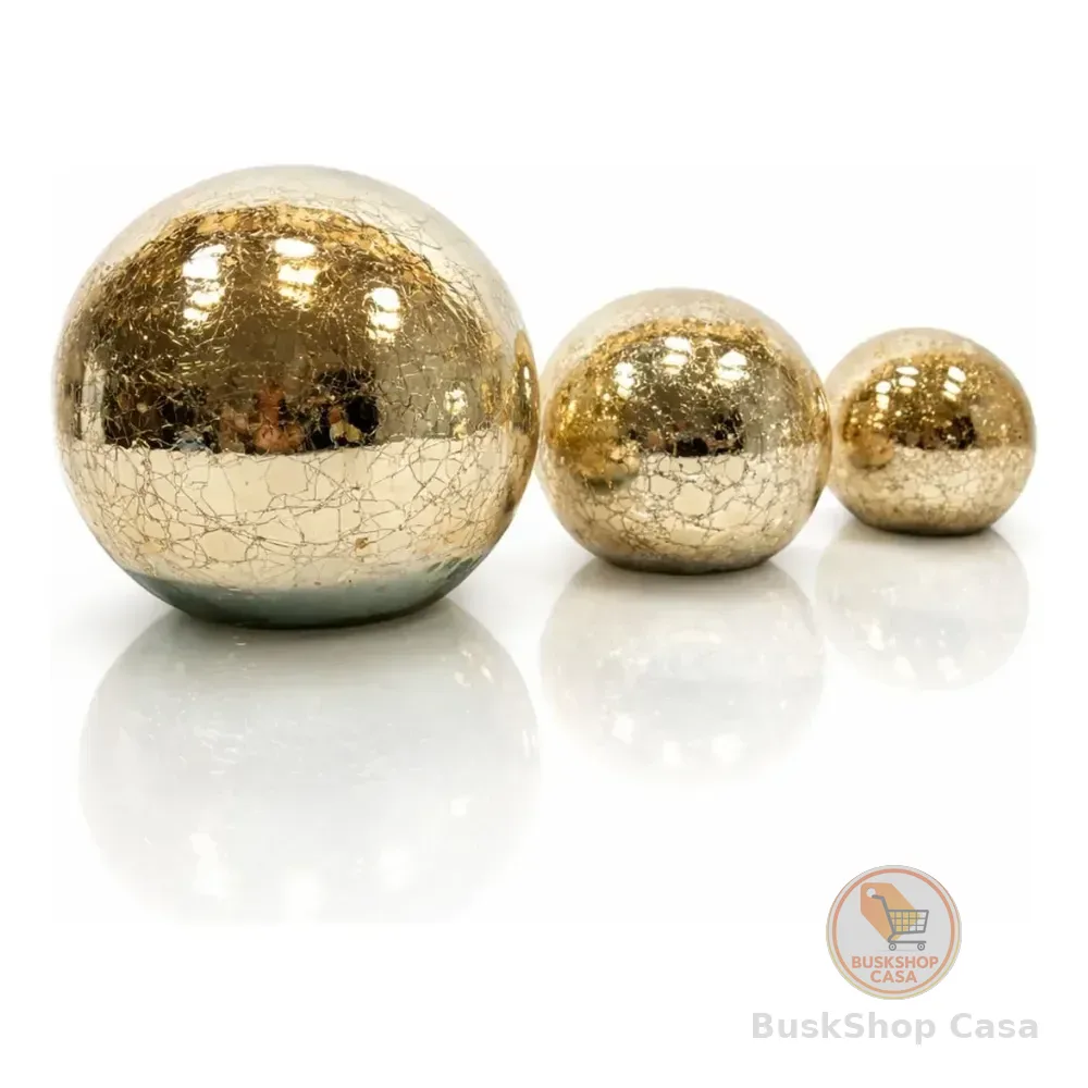 Kit Trio Bola Dourado Vidro Craquelado Espelho Decor Sala