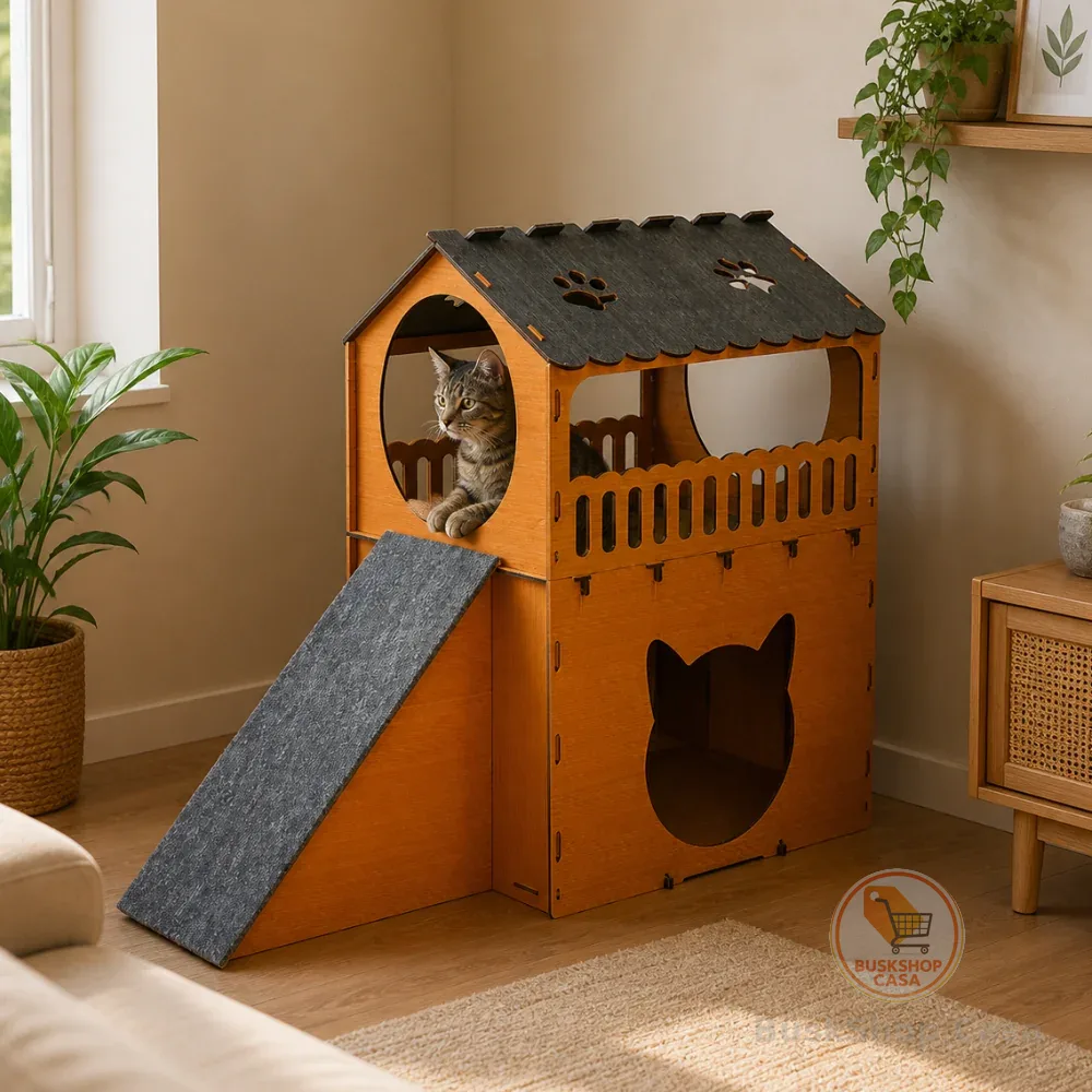 Arranhador Toca Casinha para Gatos Rampa Antiestresse Playground Casa de Gato 2 Andares Mdf Caramelo