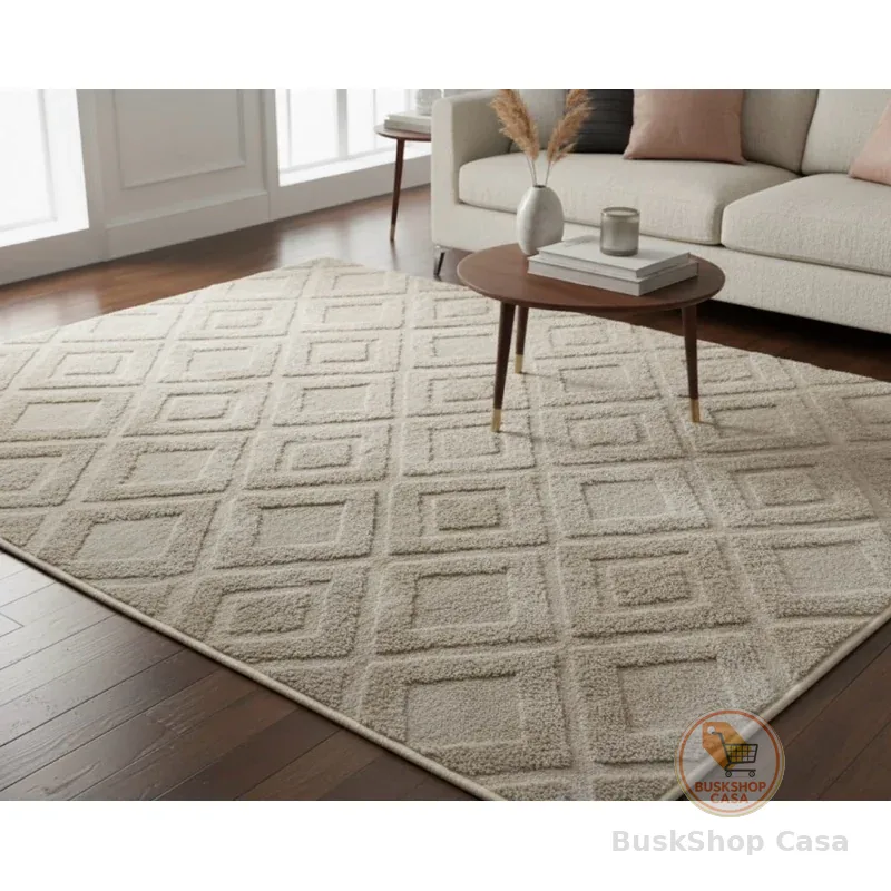 Tapete Sala Antiderrapante Jacquard Com Relevo Geométrico sem Pelo