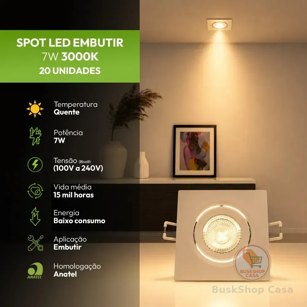 Kit 20 Spot Led 7w 3000k Ip20 Embutir Quadrado Bivolt - Easy Branco Quente