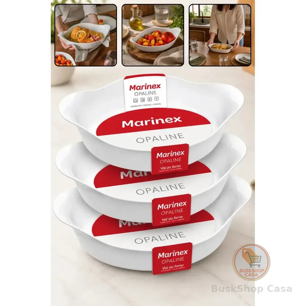 Kit 3 Travessas Marinex Opaline Oval 3 Tamanhos Forma De Vidro Temperado Branco Alta Resistência Térmica Jogo De Assadeiras Vai Ao Forno Microondas Geladeira Freezer Qualidade Premium Fácil De Limpar