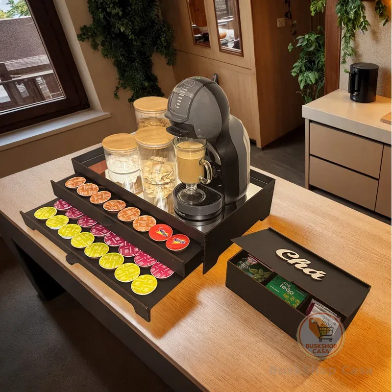 Bandeja Decorativa Com 2 Gavetas Porta 80 Capsulas Preta Espelhada Cantinho do Cafe Mdf Apoio Servir