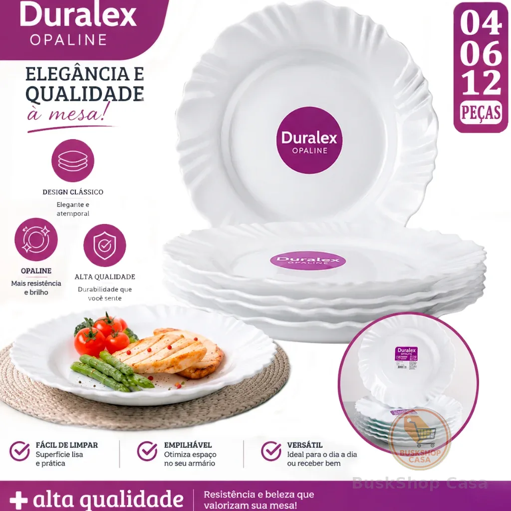 Kit jogo 12/06/04 Pratos Fundo Branco Opaline Duralex Vidro Pétala nadir Circular Brilhante Jantar e Almoço Buffet