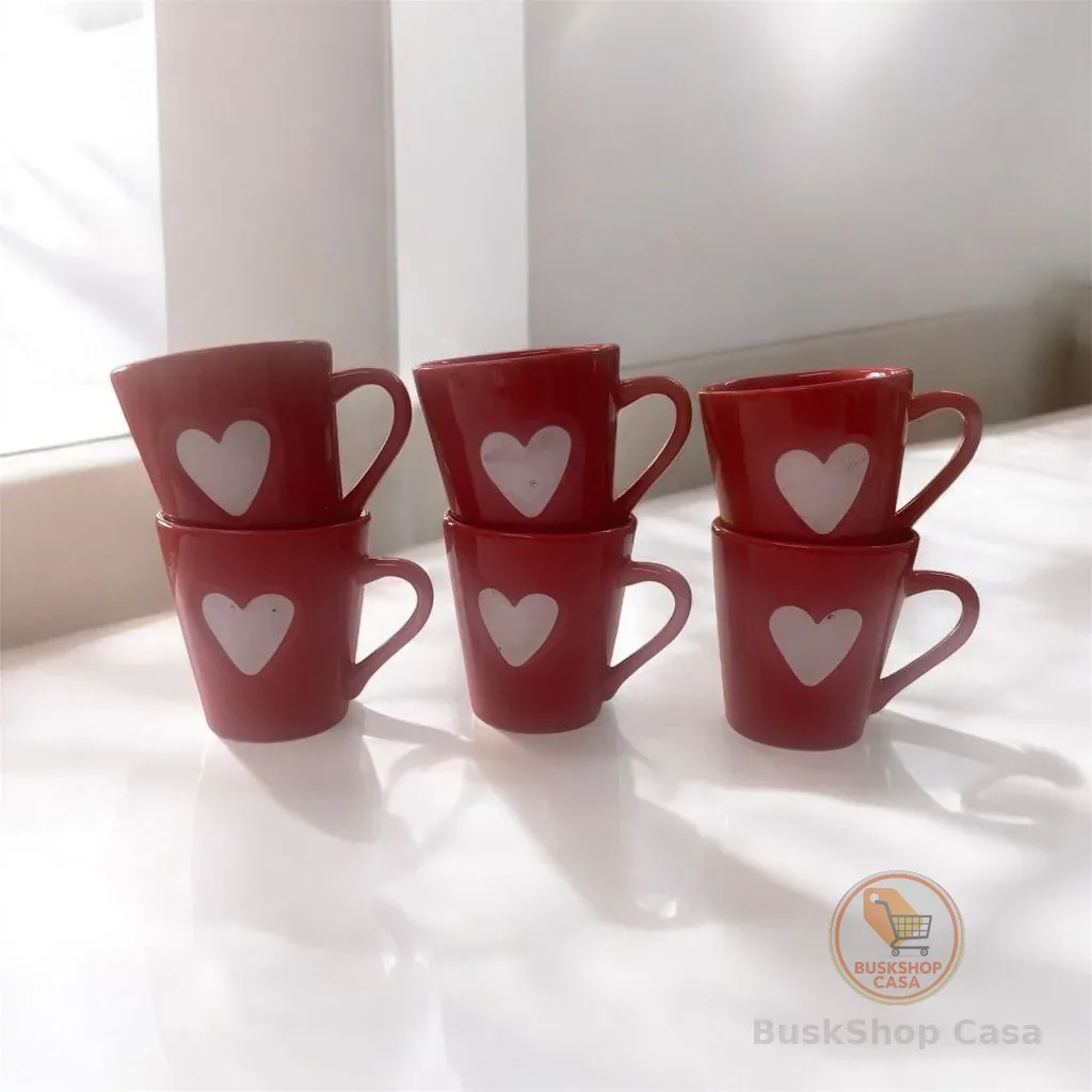 Jogo Kit 6 Canecas Xicaras Café Porcelana 120ml Coração Relevo vermelho