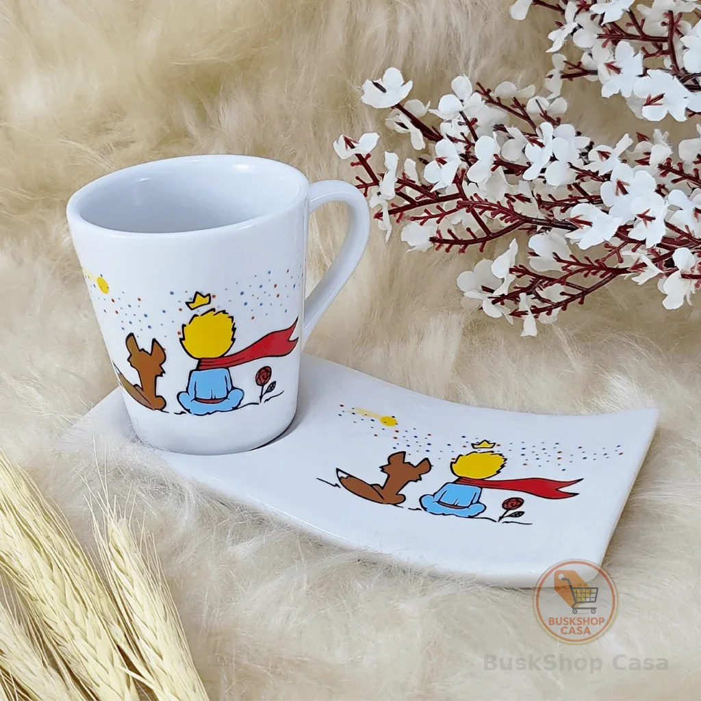 Kit Xícara Caneca Porcelana 120ml Café/Chá + Pires Ondulado Pequeno Príncipe Estrelas