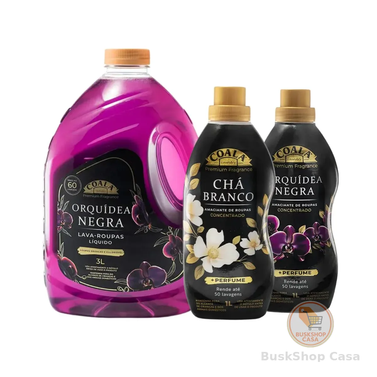 Kit Coala Lavanderia Premium Fragrance – Lava Roupas Orquídea Negra 3L + Amaciantes Concentrados Chá Branco e Orquídea Negra 1L | 3 Peças
