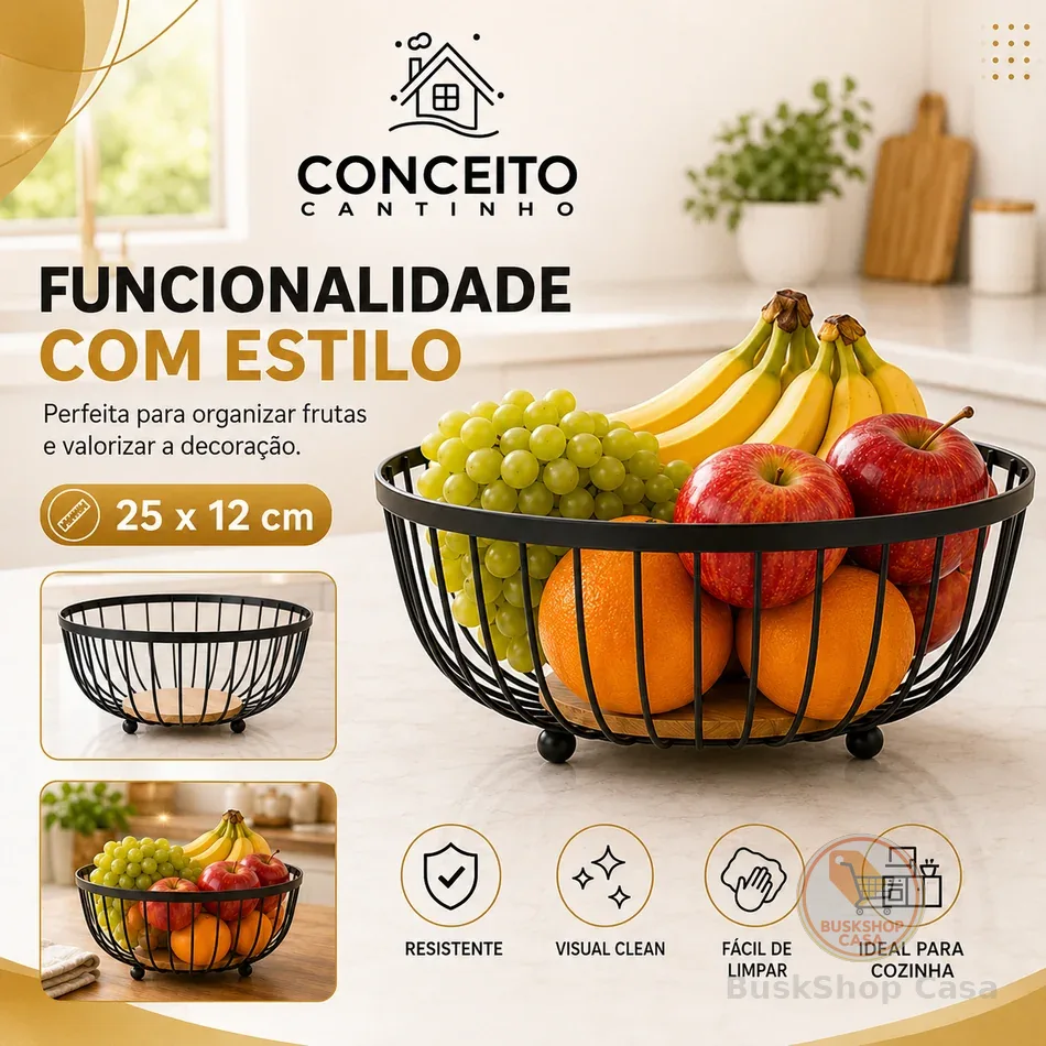 Fruteira de Mesa ou Bancada Rustica de Ferro e Bambu para Café da Manhã de Metal Preto Multiuso