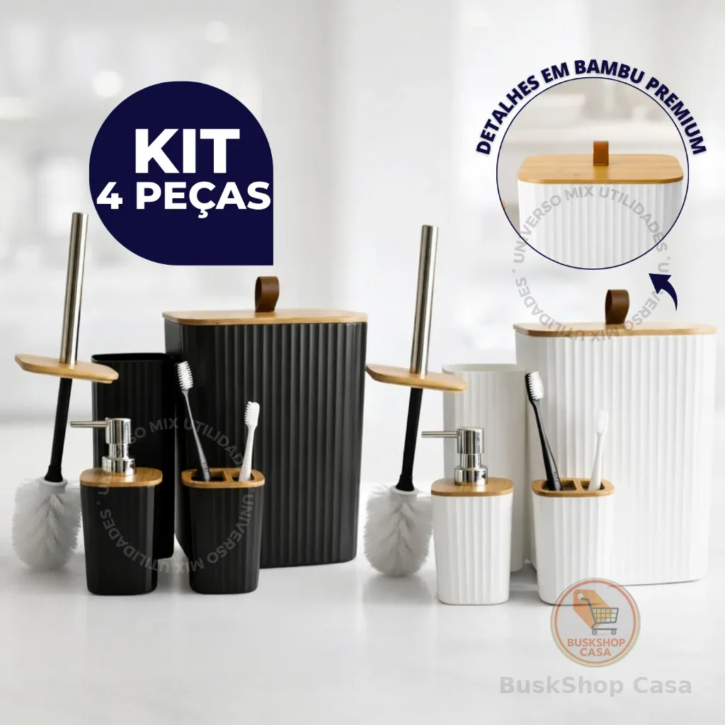 Kit Banheiro Luxo Quadrado – Lixeira C/Tampa Detalhes em Bambu e Puxador de Couro
