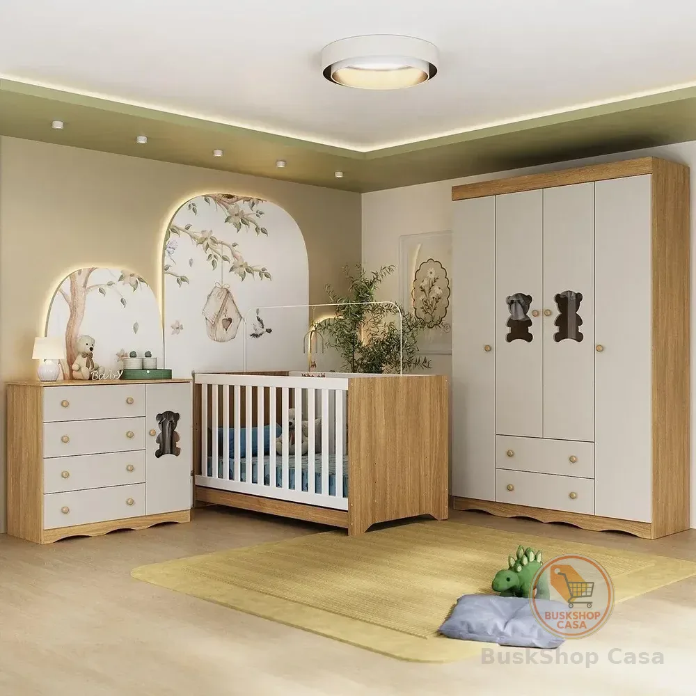 Quarto De Bebê Completo Com Berço Americano 3 Em 1 Doçura Multimóveis Mp4646 Madeirado/off White