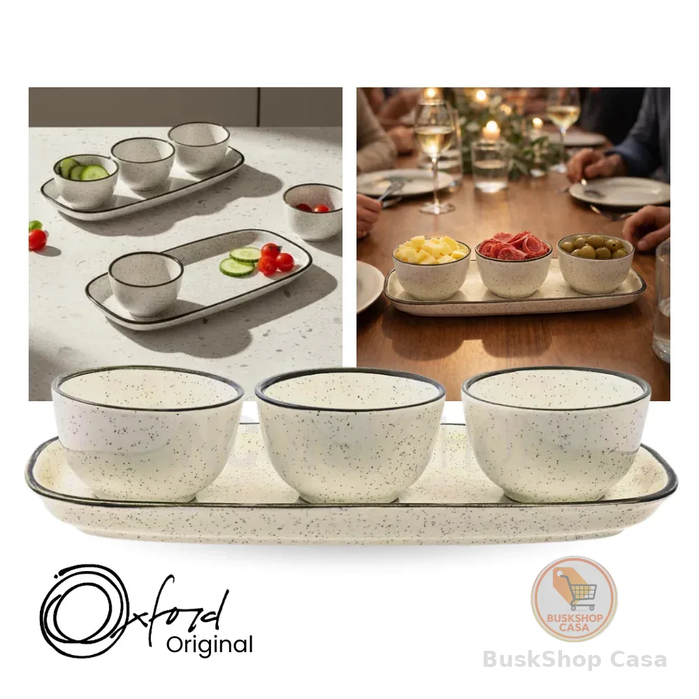 Jogo de Petisqueira 3 Bowls com Bandeja em Cerâmica Retangular Para Servir Domus Brisa Oxford
