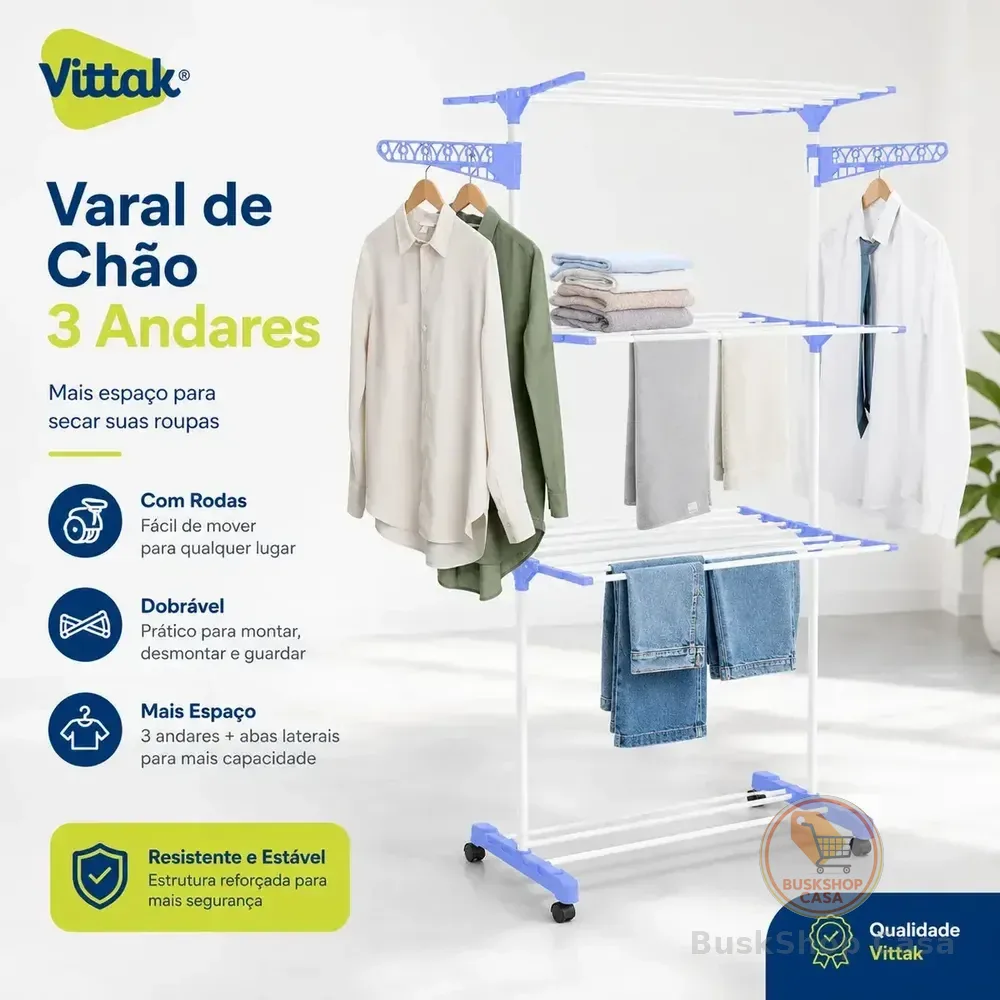 Varal De Chão Vittak Grande Azul De 3 Andares Com Rodas