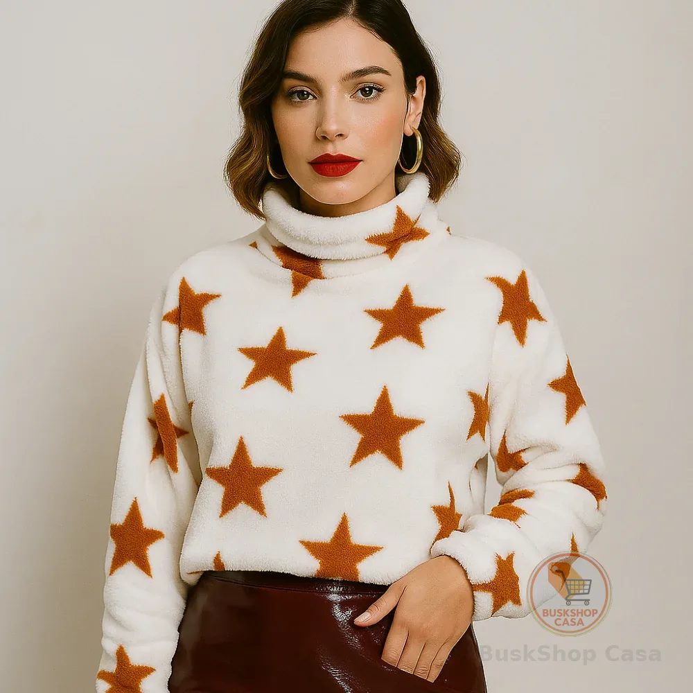 Casaco Teddy Estrelado - Casaco Feminino Em Tecido Peluciado Com Estampa de Estrelas - Moda Inverno 2025