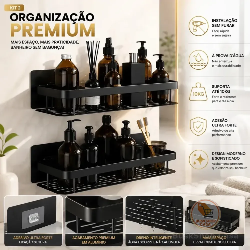 Kit 2 Suporte Porta Shampoo Sabonete Prateleira Banheiro Adesivo Parede Sem Furar Box Luxo Pétalas Douradas Organizador Alumínio Preto Antiferrugem Premium